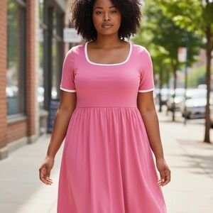 NWOT Pink Square Neck Dress with White Piping & Pockets – Women’s Large, A-Line